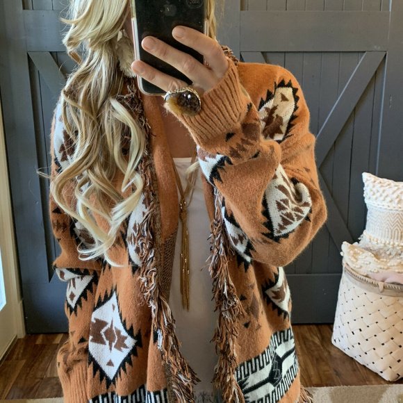 New Aztec Western Print Boho Blanket Western Cardigan Sweater - Picture 3 of 8